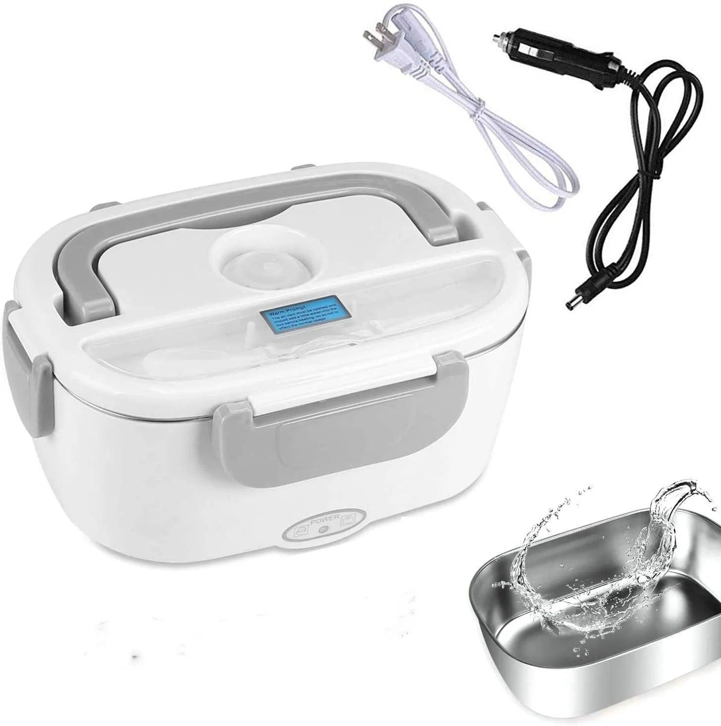 Grey dual-voltage electric lunch box with stainless steel inner tank for car and home use