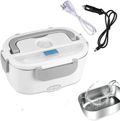 Grey dual-voltage electric lunch box with stainless steel inner tank for car and home use
