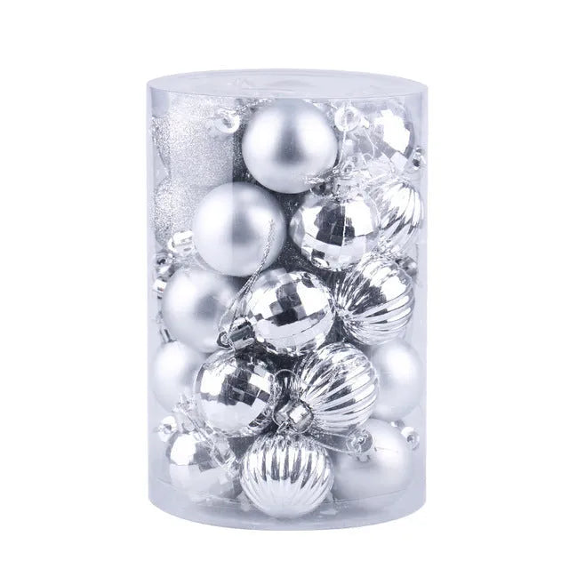 Assortment of 34 round 4cm plastic Christmas baubles in gold, silver, red, blue, and other colours.