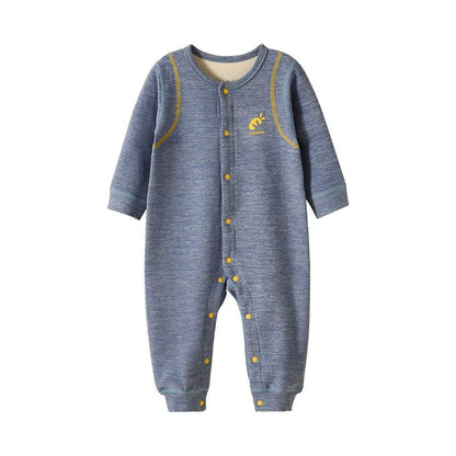 Baby plus velvet warm jumpsuit in polyester, long sleeve, single-breasted, available in six colours and five heights.