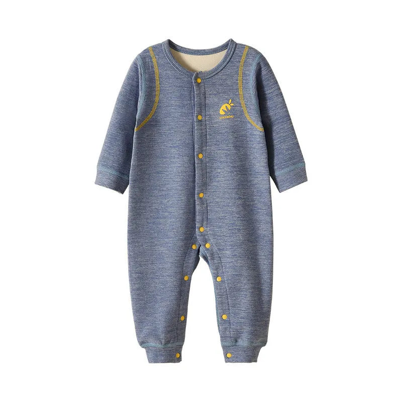 Baby Plus Velvet Warm Jumpsuit in Polyester with Long Sleeves and Single-Breasted Closure, Thickened for Cold Weather, Available in Six Colours and Five Heights from 59cm to 90cm