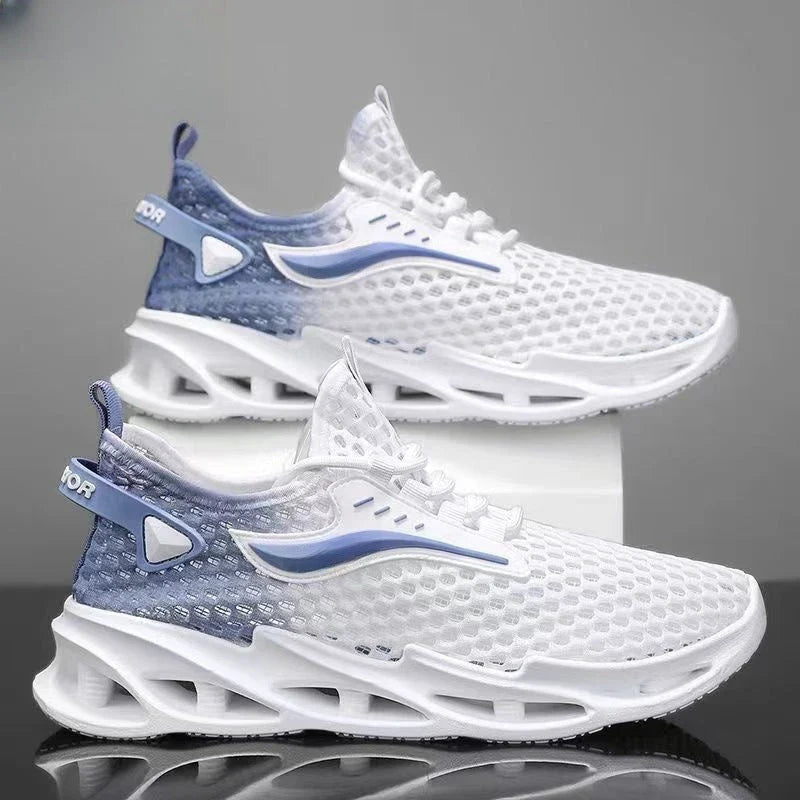 Breathable mesh running shoes with lace-up closure, available in black, white blue, and white grey colors