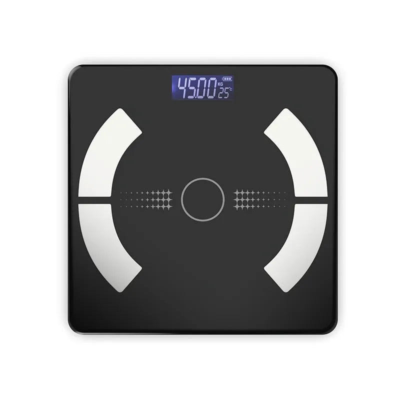 Smart digital bathroom scale with Bluetooth on glass platform in white, showing weight and body fat percentage.