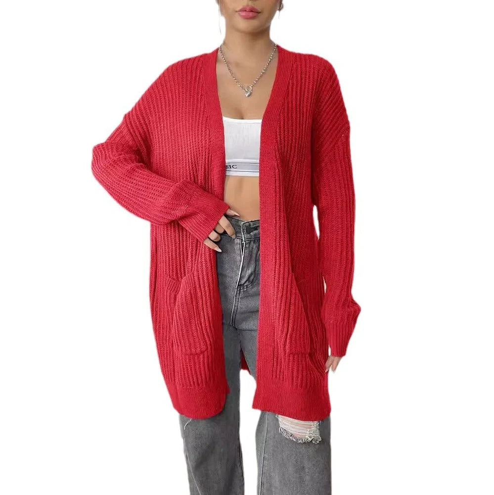 Women's dark green acrylic cardigan with two pockets and 65cm length