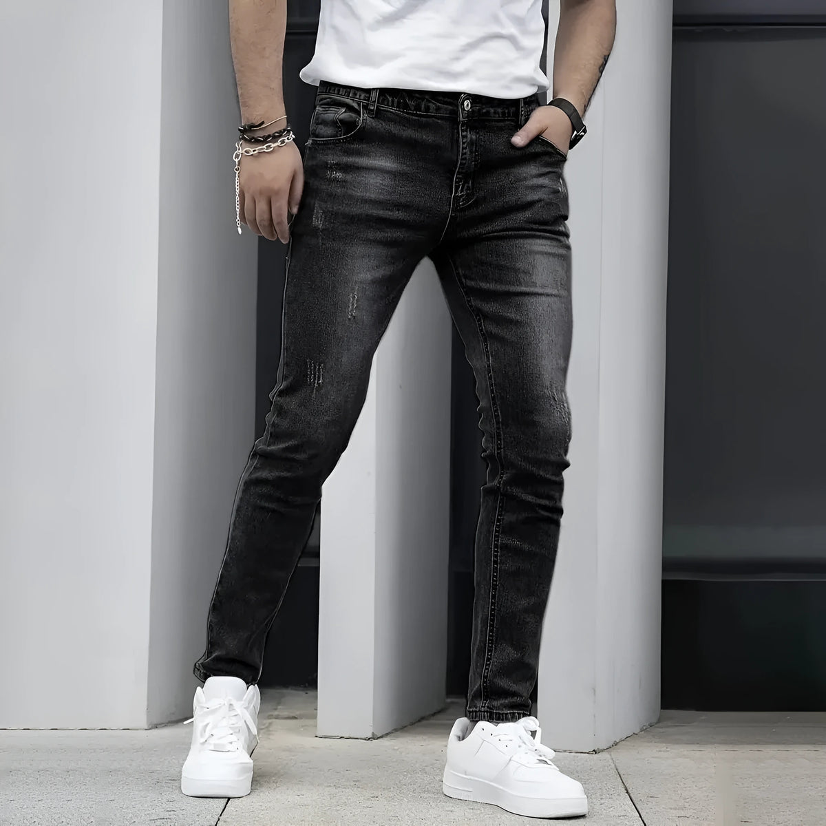 Men's stretch cotton spandex jeans in straight leg skinny cut, dark blue colour