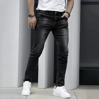 Men's stretch cotton spandex jeans in straight leg skinny cut, dark blue colour