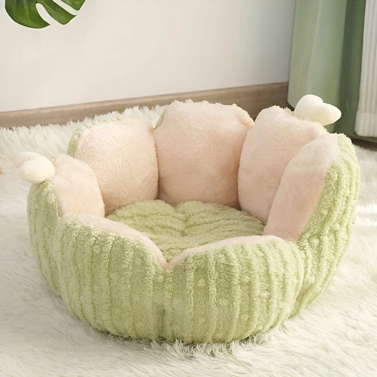 Cactus pattern soft cat litter kennel in purple or green, showing large and small size options