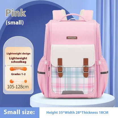 Durable Oxford cloth school backpack for students, shown in a choice of colours like navy blue, pink, and beige.