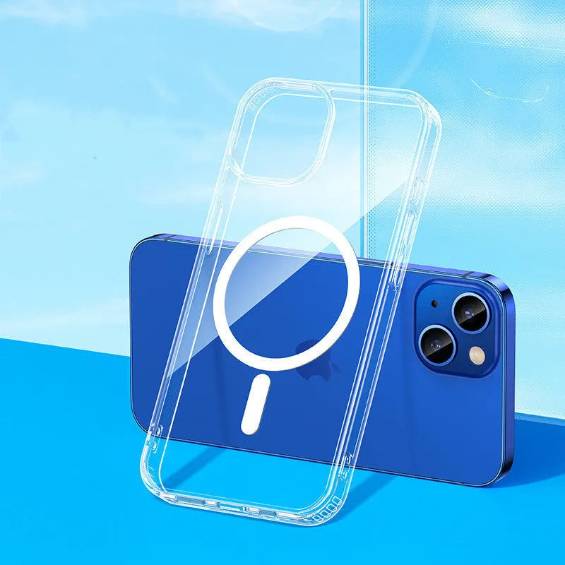 Transparent MagSafe magnetic airbag protective case for iPhone 13 models on a table.