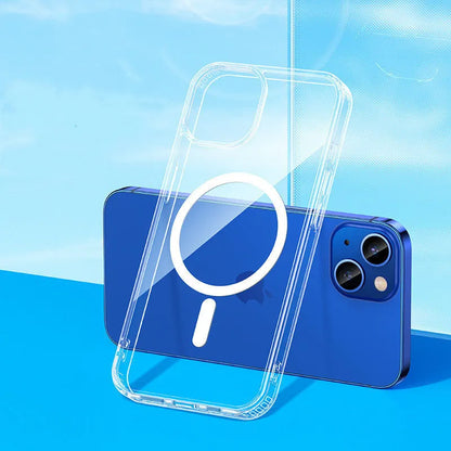 Transparent MagSafe magnetic airbag protective case for iPhone 13 models on a table.