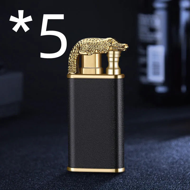 Metal windproof lighter with double flame and dragon design, showing flame from mouth.