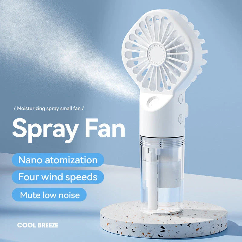 Compact handheld cooling mist fan with 4 adjustable wind speeds, perfect for staying cool and refreshed during the British summer