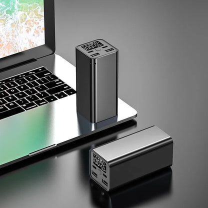 Super Fast Charging Metal Power Bank in black, blue, or grey with 65W output and 20000mAh capacity