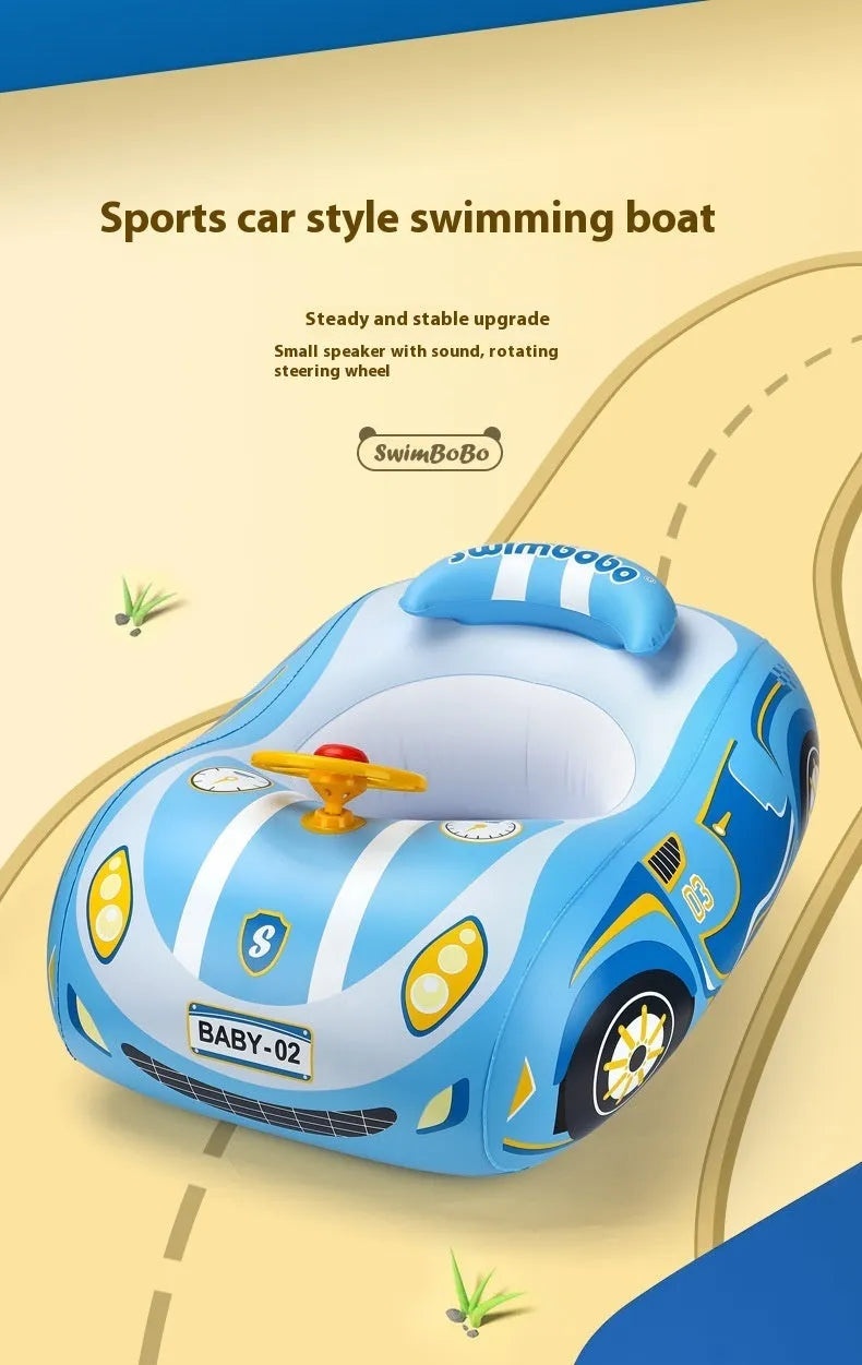 Pink inflatable swimming ring for children with a cartoon car steering wheel design.