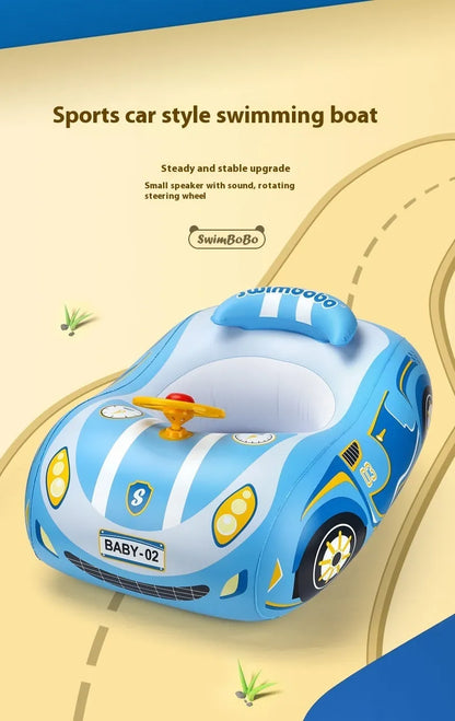 Pink inflatable swimming ring for children with a cartoon car steering wheel design.