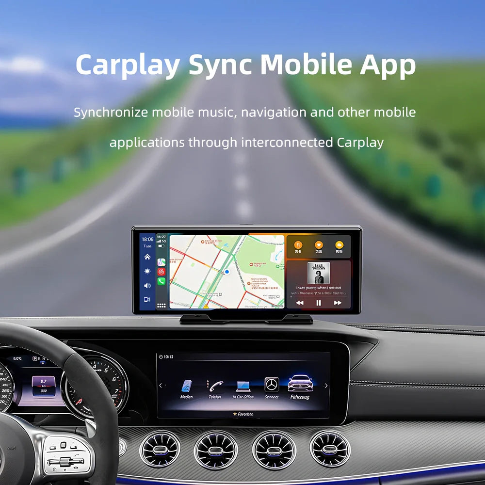 10.26 inch wireless CarPlay car recorder with 140° wide-angle lens on vehicle dashboard