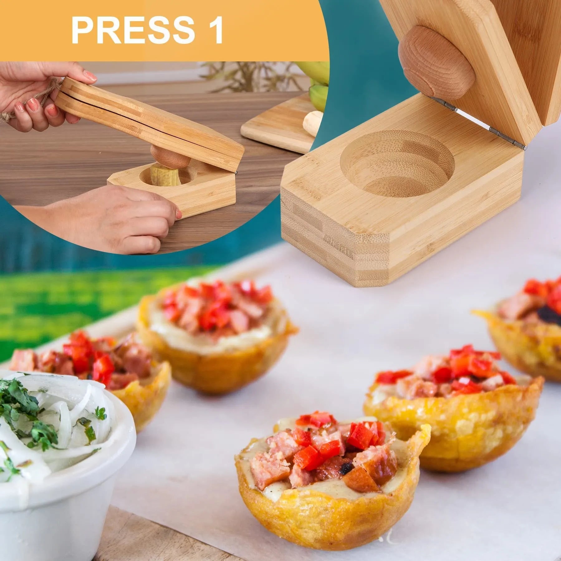 Wooden manual banana grinder kitchen gadget with crank mechanism