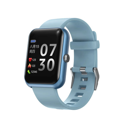 Square dial Bluetooth smart watch with silicone strap on a wrist, showing black, blue, gold, pink, and silver colour options.