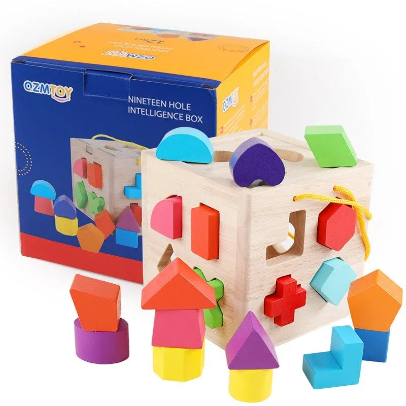 Wooden Geometric Shape Matching Building Blocks Educational Toys for Babies 0-3 Years Old - 19-Hole Intelligence Box, 12-Hole Smart Box, 17-Hole Intelligence Box, 10-Three-Hole Intelligence Wheel