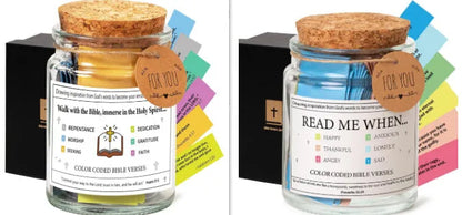 Glass Bible verses jar with cartoon design containing 90 rolled scripture papers in multiple colour options