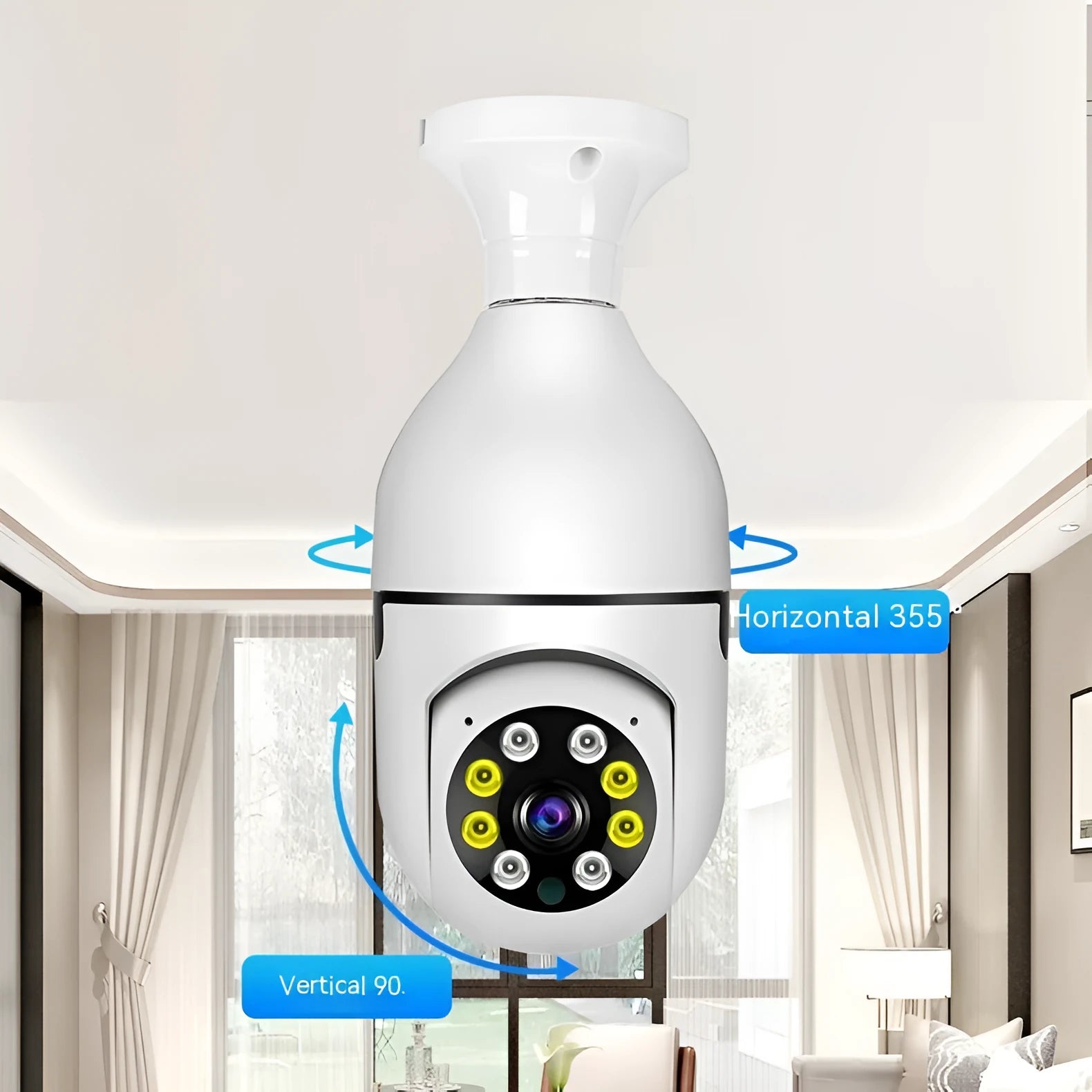 White wireless bulb security camera with E27 base, showing lens and compact 5cm by 12cm size.