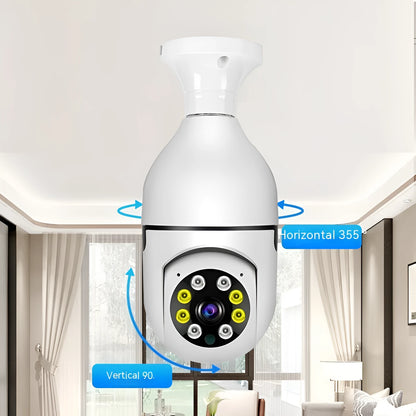 White wireless bulb security camera with E27 base, showing lens and compact 5cm by 12cm size.