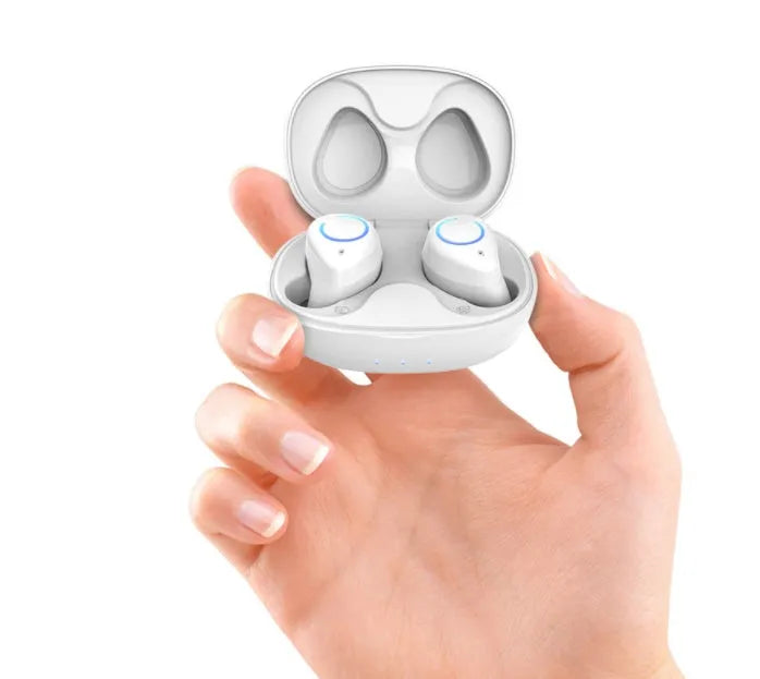 Black and white M18 true wireless in-ear headphones with a small rectangular charging case.