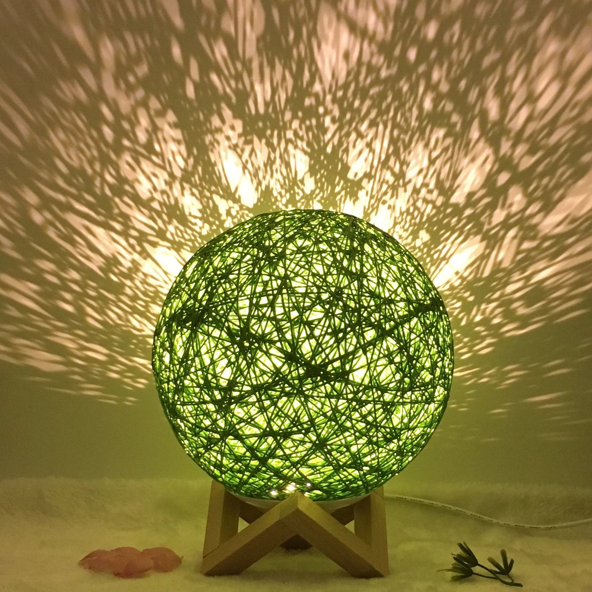 LED rattan table lamp with hand-knit linen shade in various colours