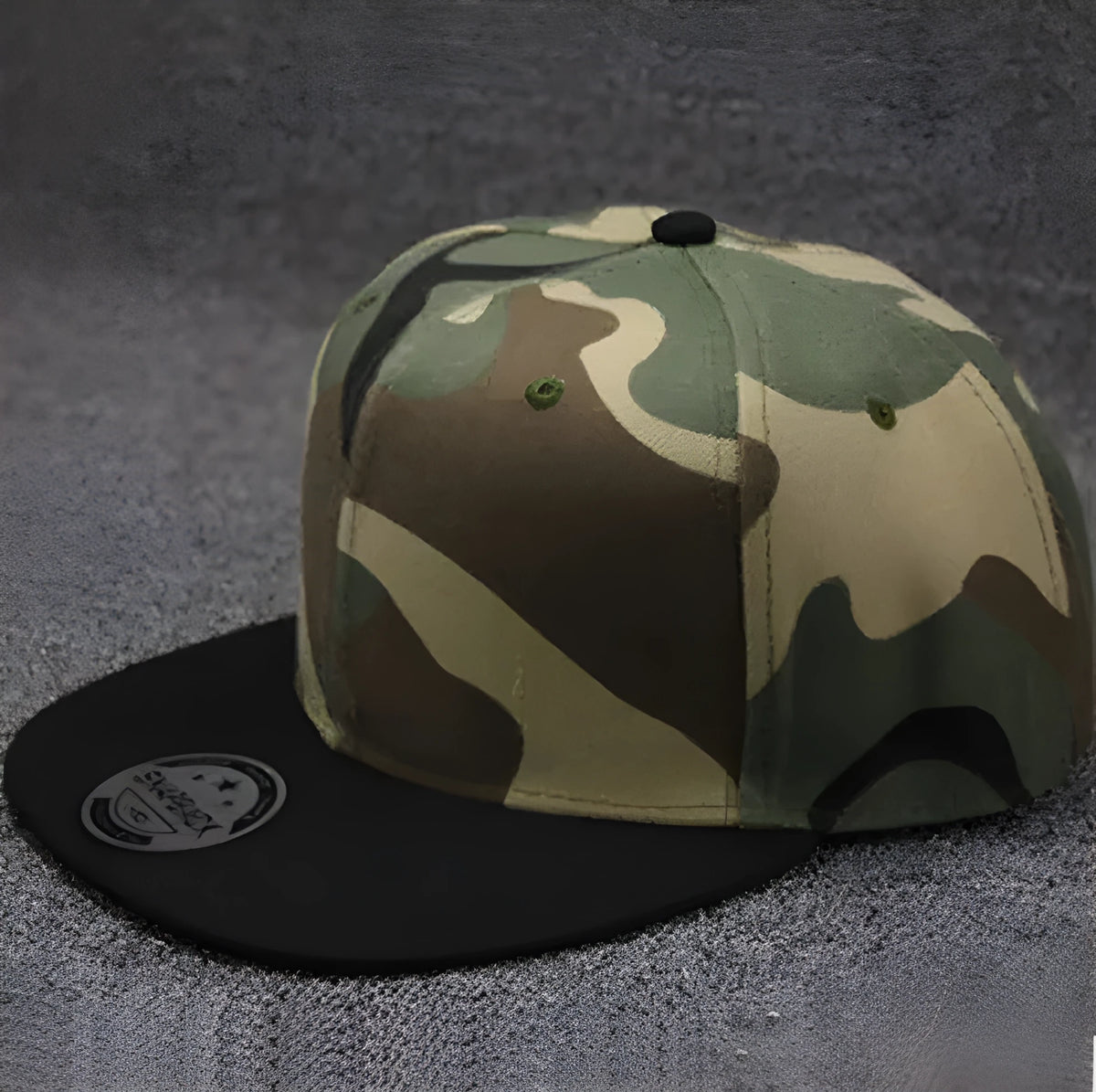 Camo snapback cap with flat brim, cotton polyester, adjustable closure, shown in black, blue, camouflage, and navy blue.