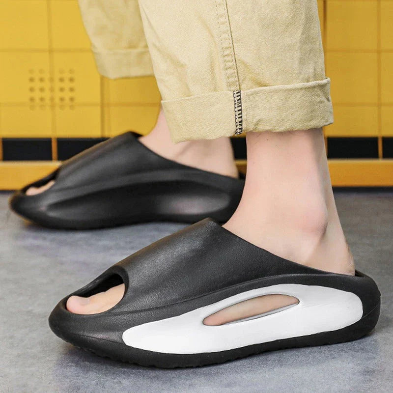 Stylish unisex beach slippers with peep-toe design in various colors including black, white, and khaki