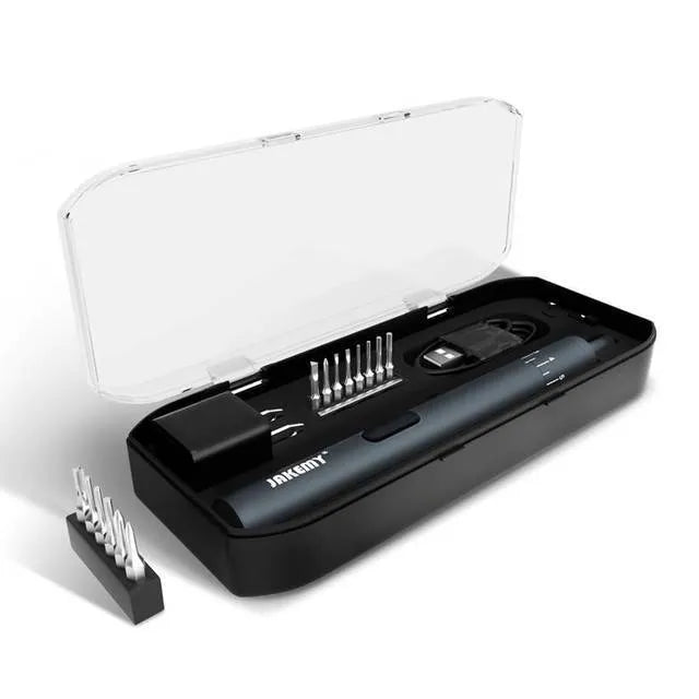 Black aluminium pen-type electric screwdriver with torque adjustment settings displayed on barrel