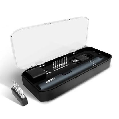 Black aluminium pen-type electric screwdriver with torque adjustment settings displayed on barrel