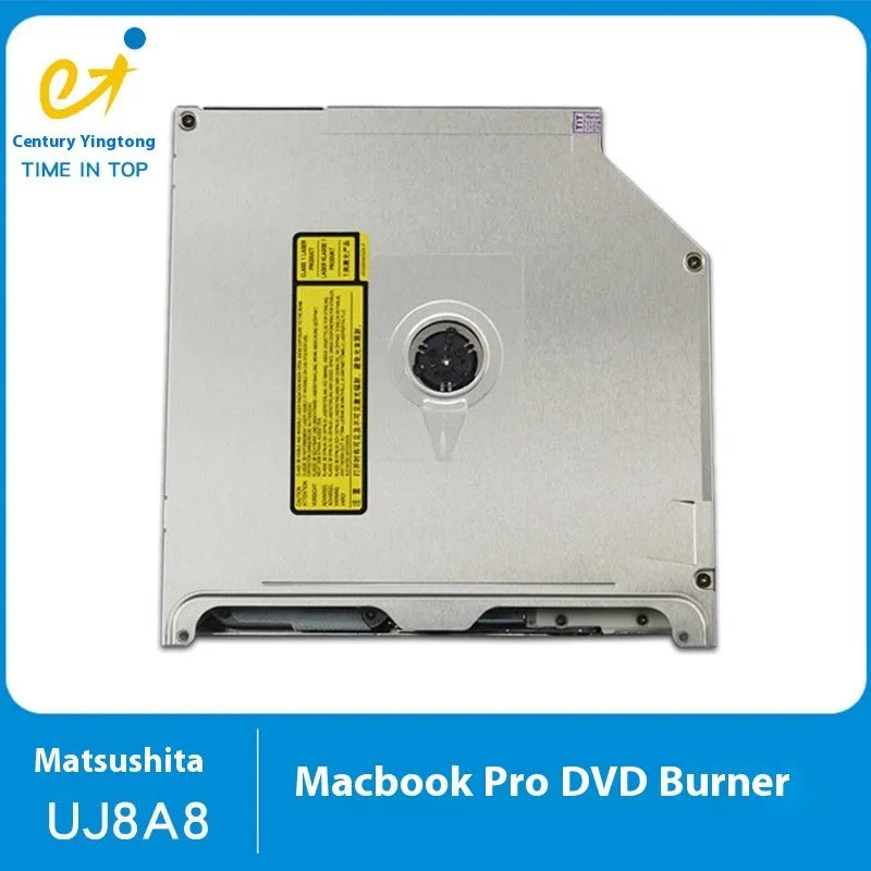 Silver MacBook Pro built-in SATA optical drive with UJ8A8 specification, shown from top.