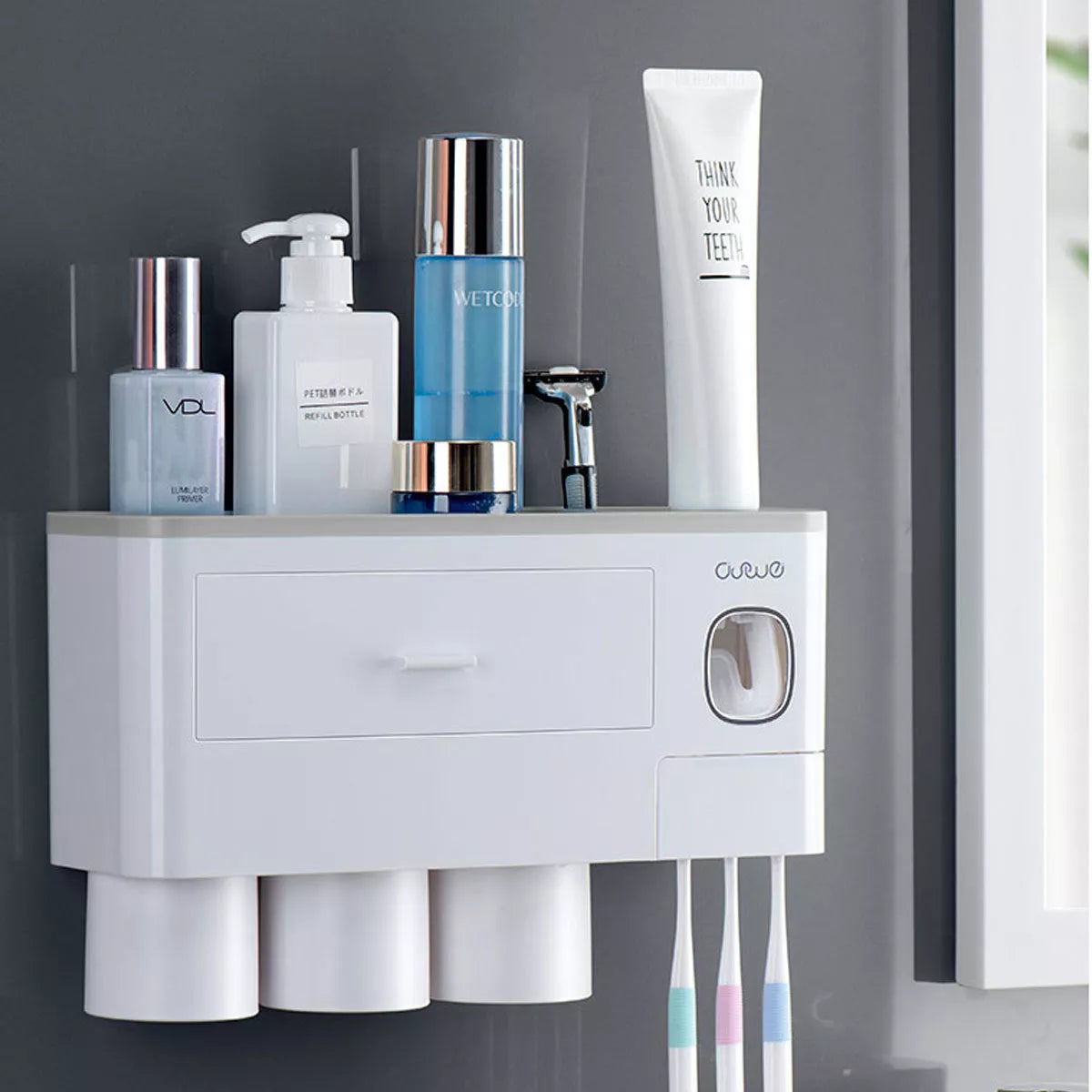 Non-marking hanging magnetic toothbrush holder with toothpaste squeezer and quick-drying cups