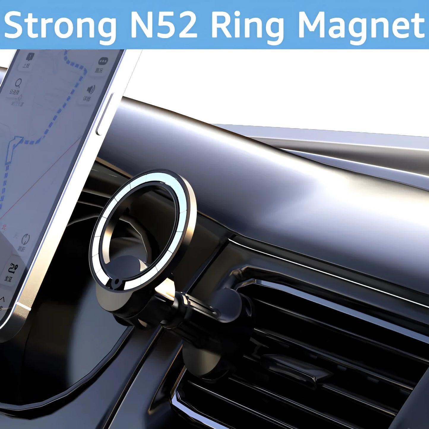 Black magnetic car air vent phone holder with silicone O-ring mounted on car vent slats.