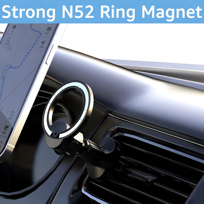 Black magnetic car phone holder with O-ring clip attached to a car air vent, holding a mobile phone.