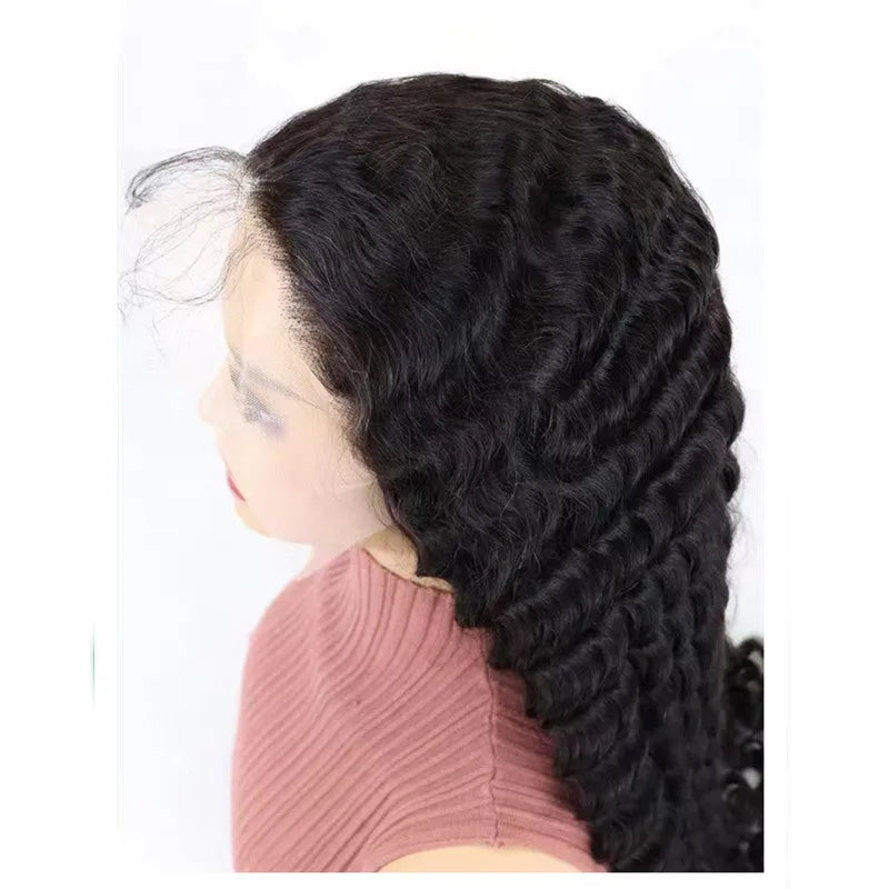 A simple solid colour human hair wig with half lace cover, shown in a long length.