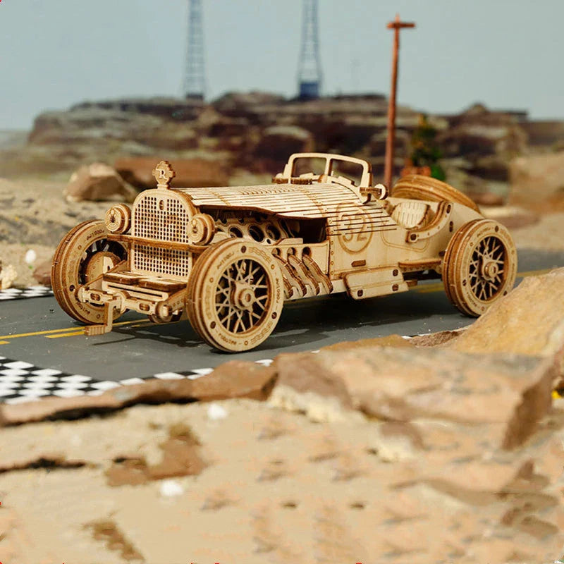 Premium model wooden train kit with 308 precision-cut wooden pieces for a rewarding DIY assembly project