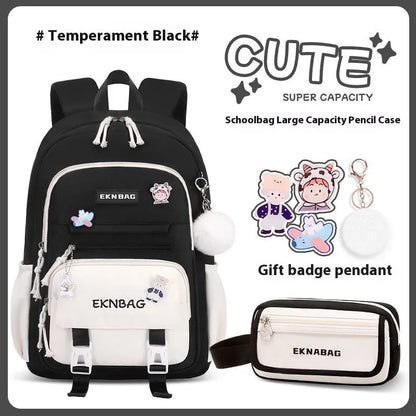 Pink waterproof school backpack for girls with curved ergonomic shoulder straps, shown with matching pencil case.