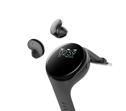 Black smart watch with detachable Bluetooth earphones docked on the side