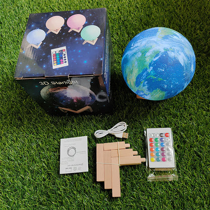 3D printed Earth lamp showing mountain details on 15cm spherical night light with LED illumination