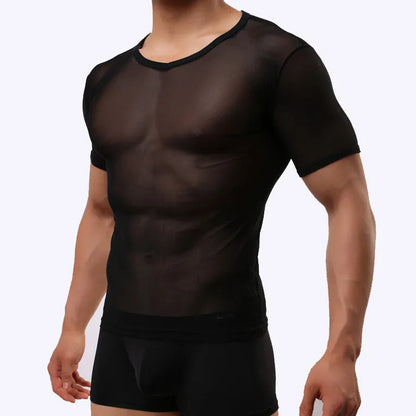 Men's slim fit transparent mesh t-shirt in solid colours on a model.
