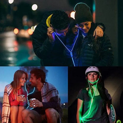 Magic Light LED Earphones in blue, green, or pink with aluminium alloy shells and EL light lines syncing to music rhythm.
