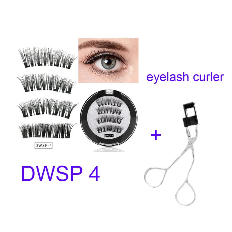 Four magnet false eyelashes in imported fibre with hand made construction and optional eyelash curler