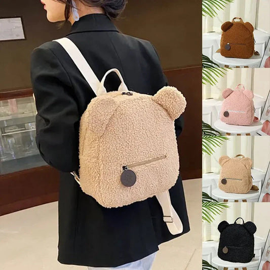 Adorable bear-shaped backpack made of soft, fleece material for kids and women's travel and everyday use