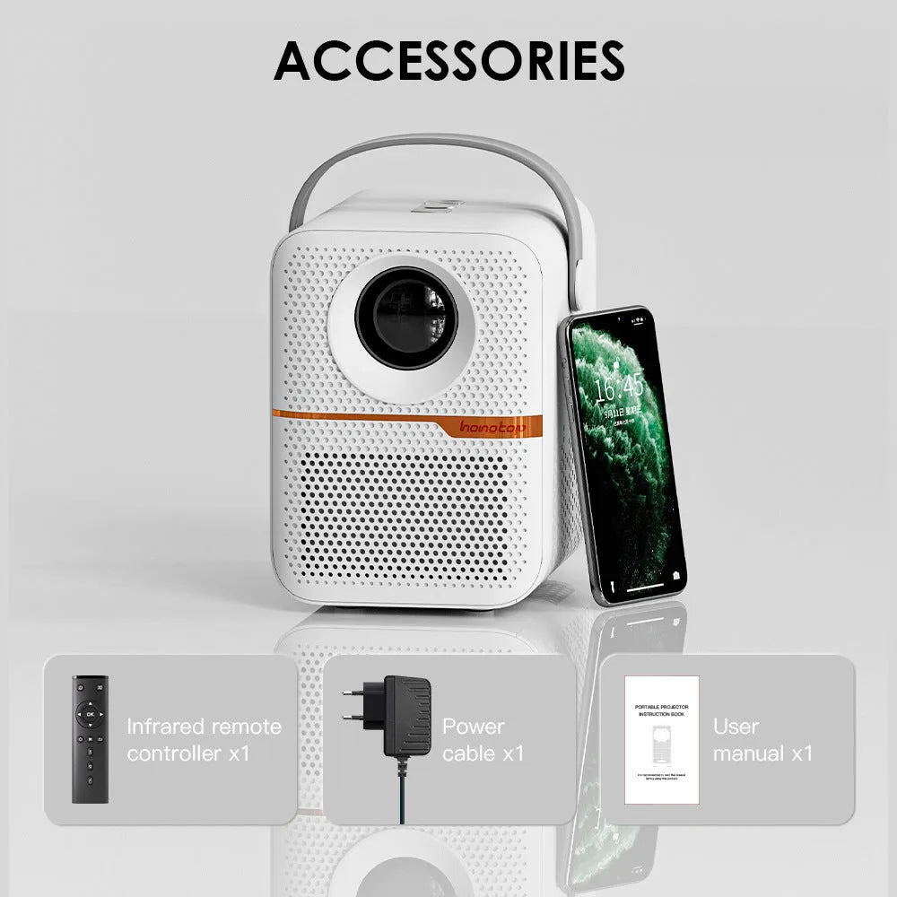Black P10 2023 mini portable LCD projector with Android OS on a wooden table.