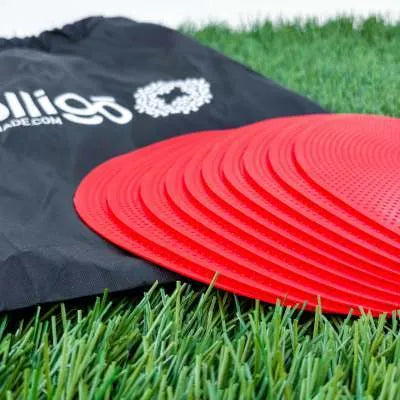 Soft yellow TPE football training landmark pad disc on grass, 23cm diameter.