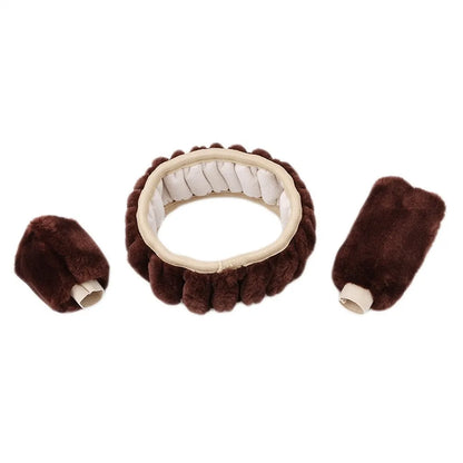 Plush winter steering wheel cover set with gear shift and handle covers in six colour options