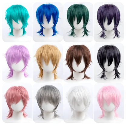 Short-length anime cosplay wig in high-temperature fibre on a stand.