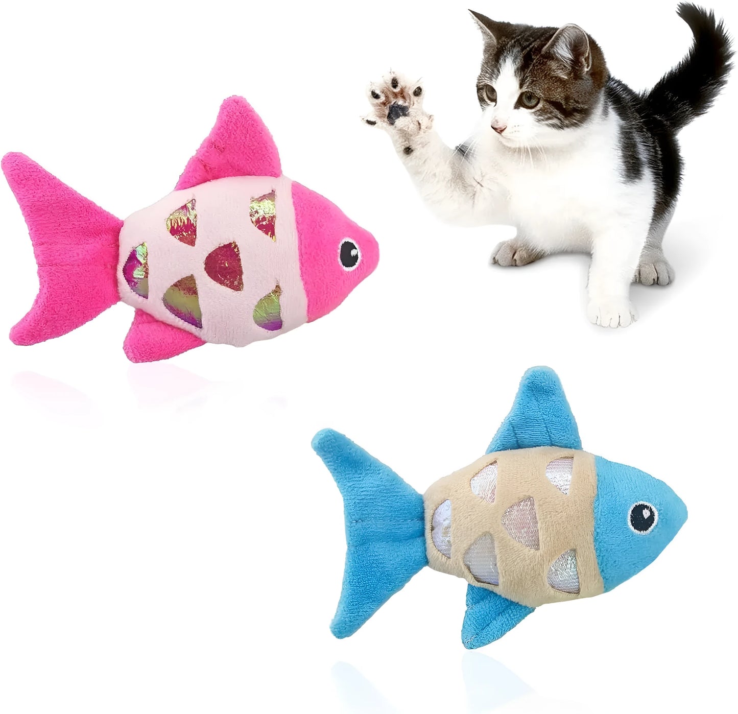 Two small plush goldfish cat toys with crinkle paper sound layer and catnip filling